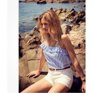 Sezane  Camisole Top Ruffle Blue/White‎ With Silver Metallic Thread Women's S 36